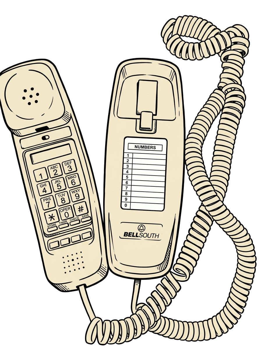 Hand-drawn vintage telephone with a coiled cord